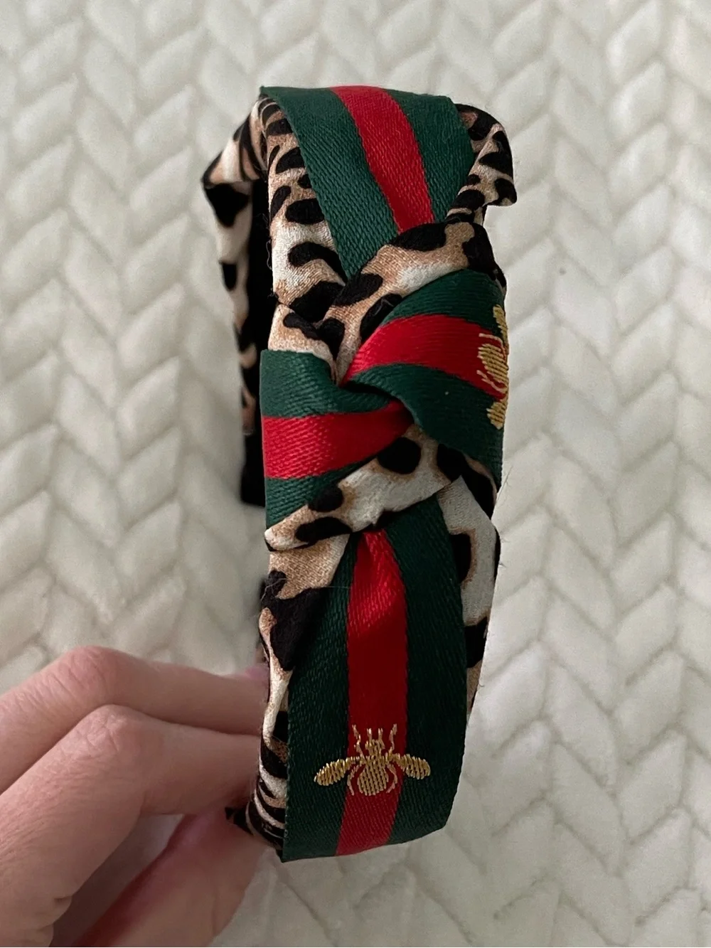 Leopard Print Knotted Headband with Green and Red Stripe